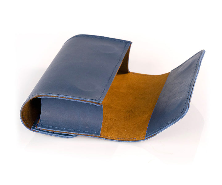 Blue Leather, chocolate leather, and grizzly leather lined in chocolate Ultrasuede